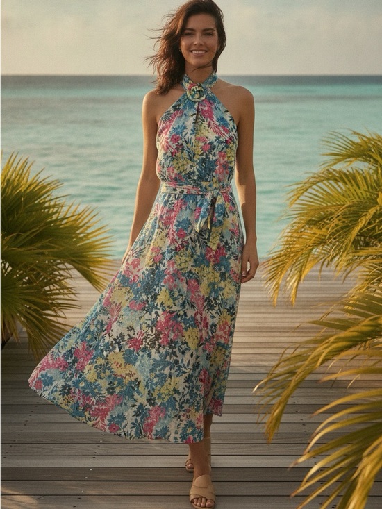 Anne Klein Dresses & Skirts - Anne Klein Floral Halter Midi Dress Blue Multi Tie Waist NWT Women's 12